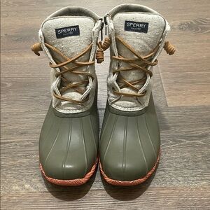 Sperry Olive and Tan Duck Boots